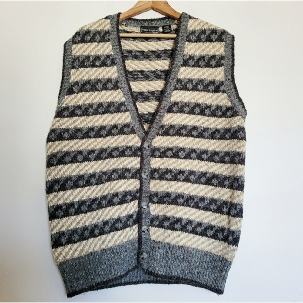Vintage Peter England Men's Wool Blend Sweater Vest Size XL Striped Grandpa 90s